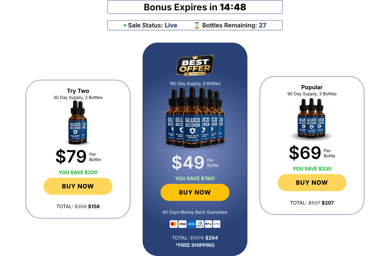 GlucoRecover bundles on the official order page, October 13, 2026
